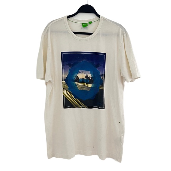 Hugo Boss Cream Cotton Blend Short Sleeve Print Boss Green Tee Casual T-shirt L - Picture 1 of 13